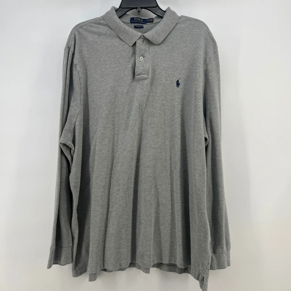 Polo Ralph Lauren Mens XXL Gray Long Sleeve Classic Fit Pique Polo Shirt‎ Logo